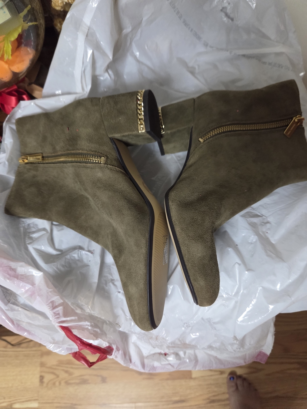 Michael Kors Olive Suede Ankle Booties with Gold Chain Heel Detail